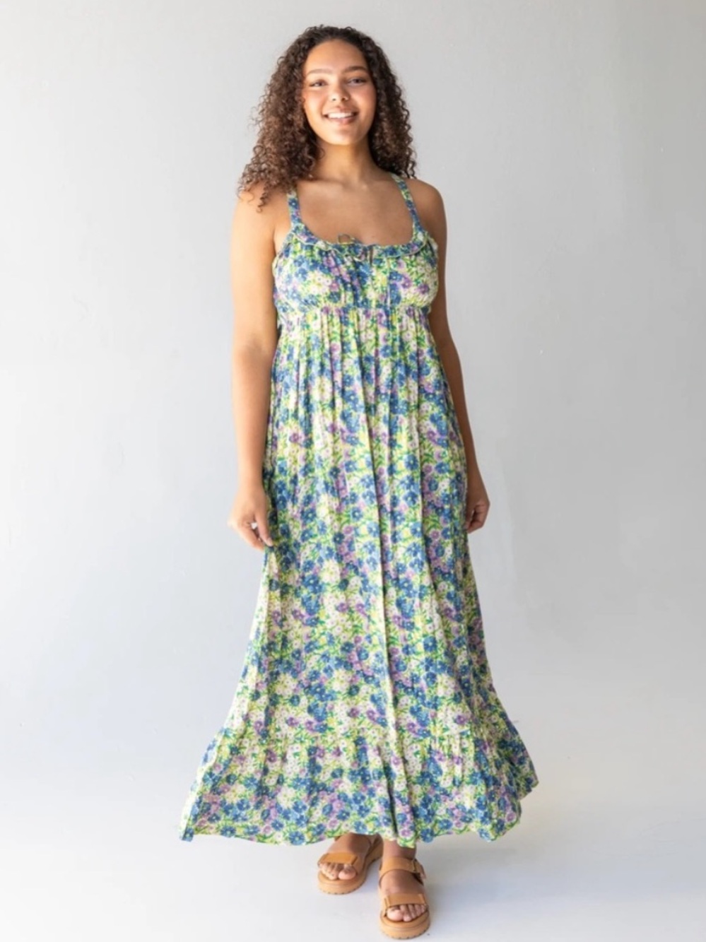 Natural Life Elizabeth Maxi Dress Size Large Green/Purple/Blue Floral Print